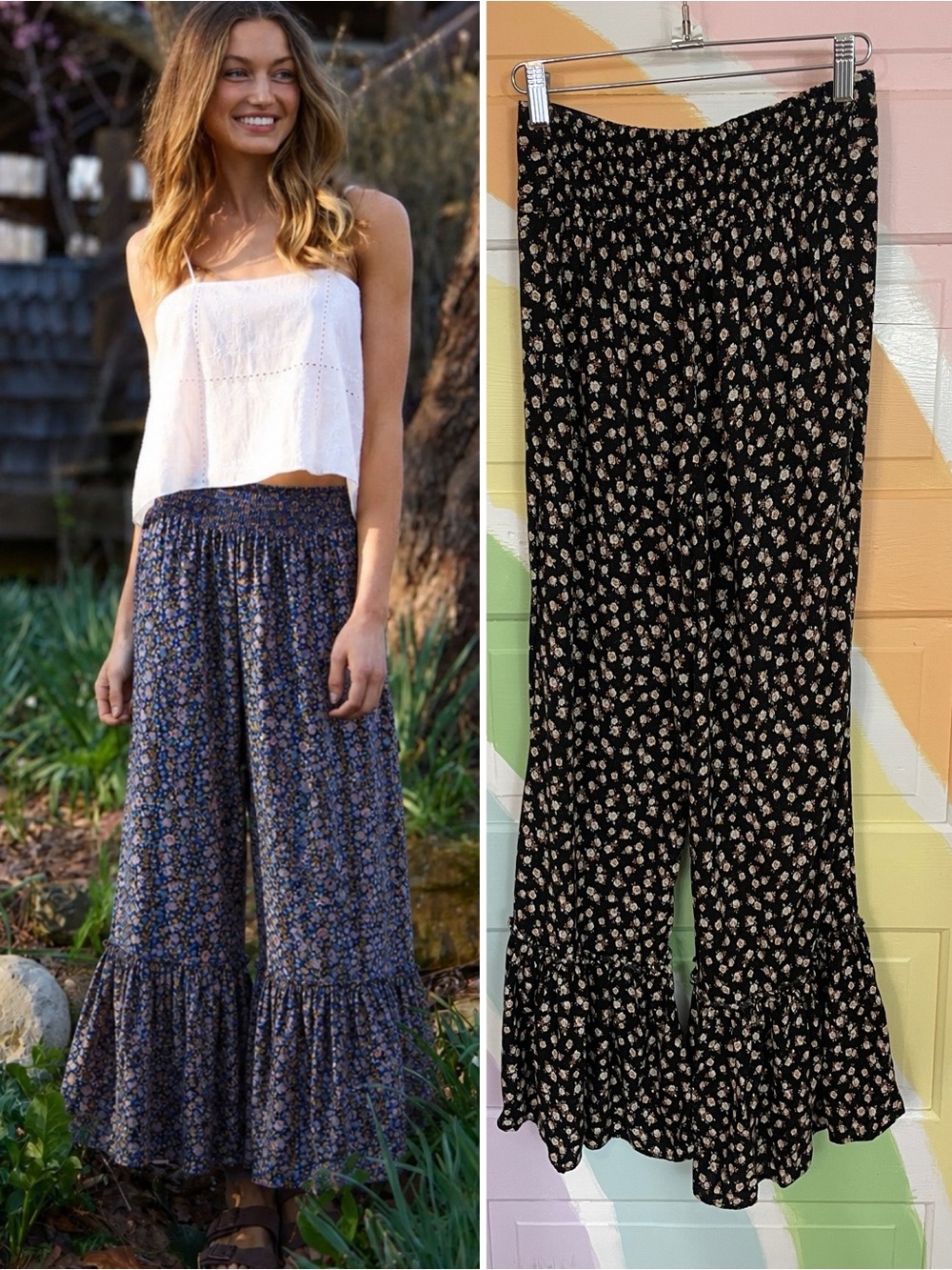 Natural Life Black Ditsy Floral Pull On Ruffle Botton Wide Leg Pants Sz XS 🧡🎀